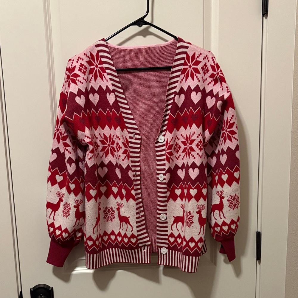 Women's Festive Red and Pink Cardigan Sweater